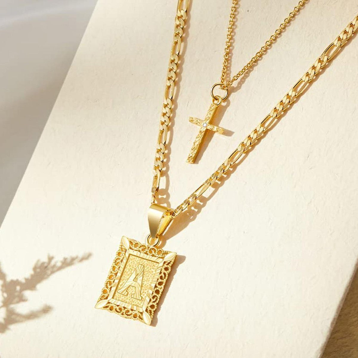 14K Golden Initial & Cross Necklace Duo - 2 Pieces Set