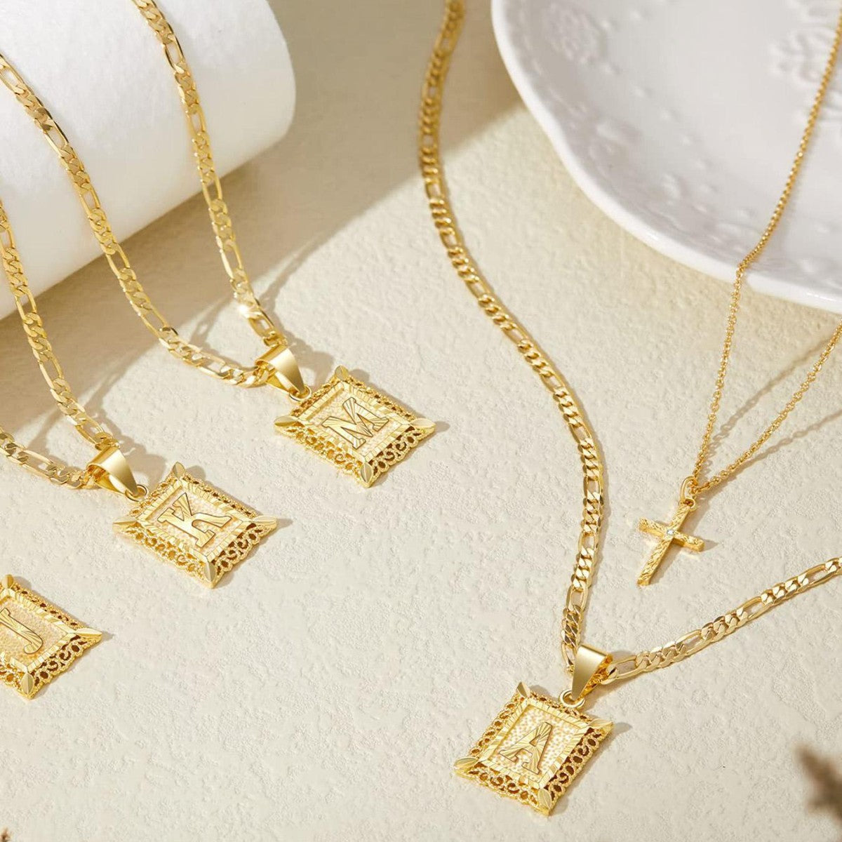 14K Golden Initial & Cross Necklace Duo - 2 Pieces Set
