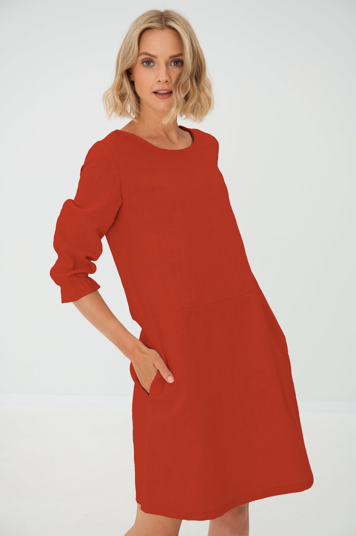 EMMA — Stonewashed Linen Dress With Pockets and Tie Belt