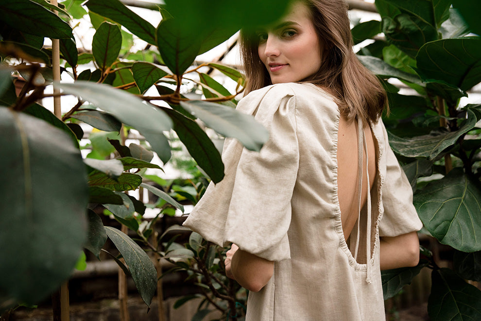 CHARM — Stonewashed Linen Dress, Open Back, Puff Sleeves