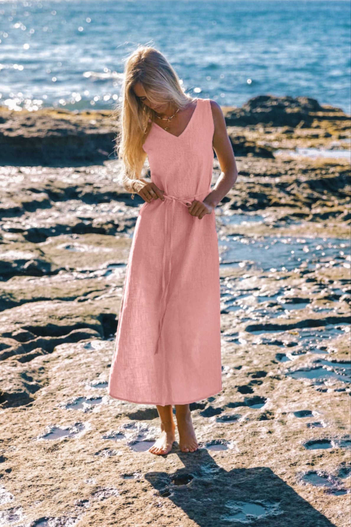 SUNSET — Sleeveless V-Neck Linen Midi Dress