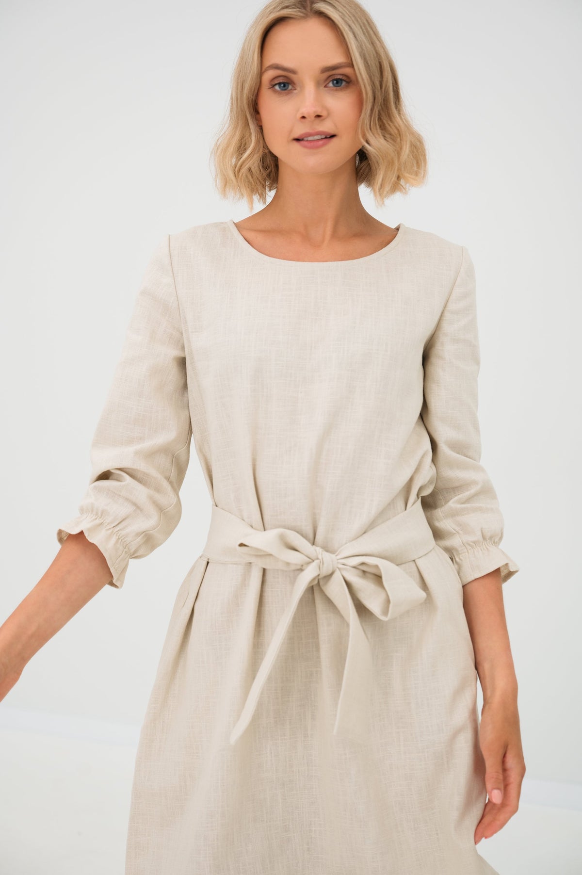 EMMA — Stonewashed Linen Dress With Pockets and Tie Belt