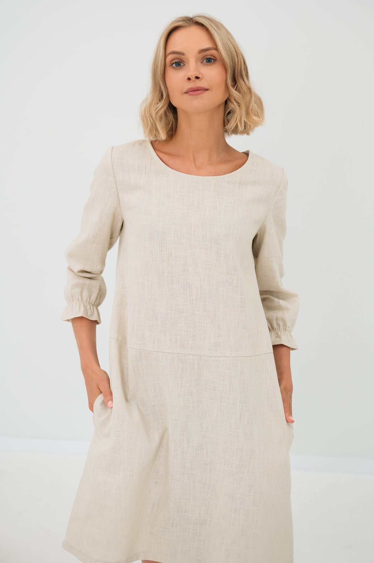 EMMA — Stonewashed Linen Dress With Pockets and Tie Belt