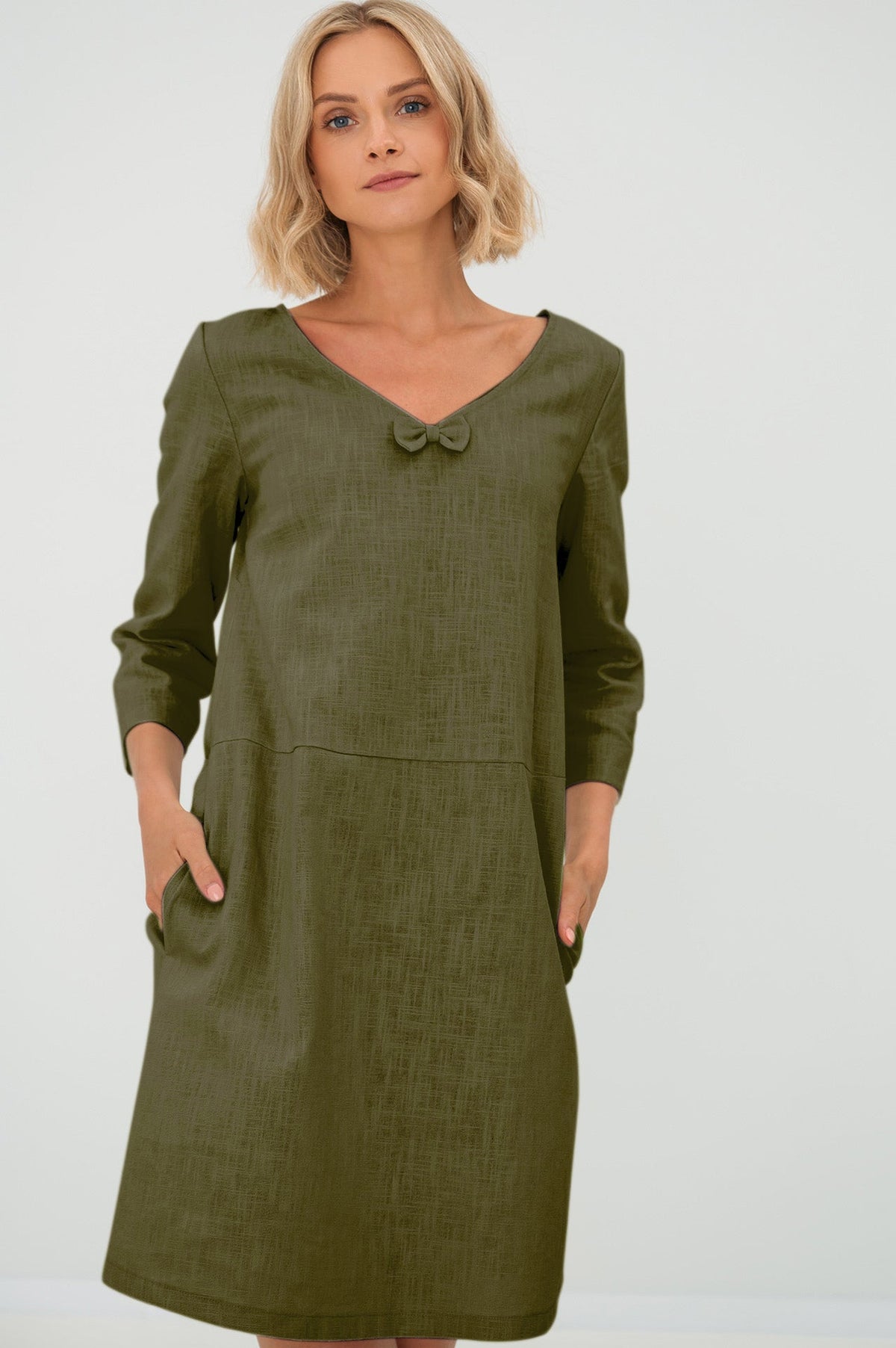 SUN — V-Neck Stonewashed Linen Dress