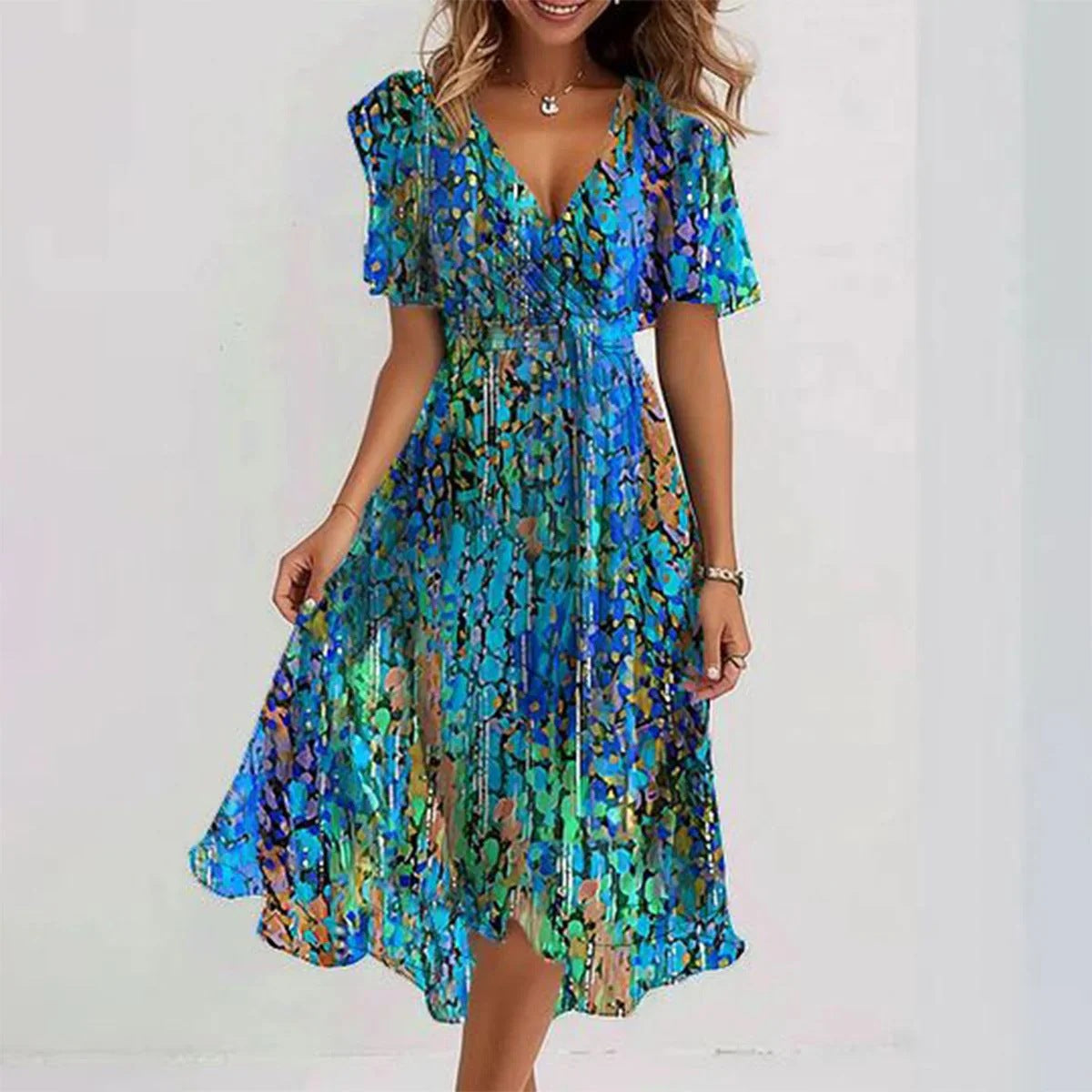 ✨Speciale blauwe midi-jurk met korte mouwen