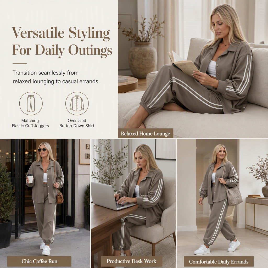 β° Last Day Sale 50% Off | Women's Oversized Shirt & Side-Stripe Jogger 2-Piece Set
