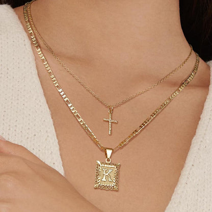 14K Golden Initial & Cross Necklace Duo - 2 Pieces Set