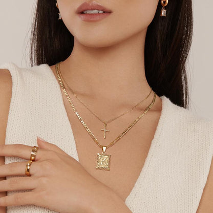 14K Golden Initial & Cross Necklace Duo - 2 Pieces Set