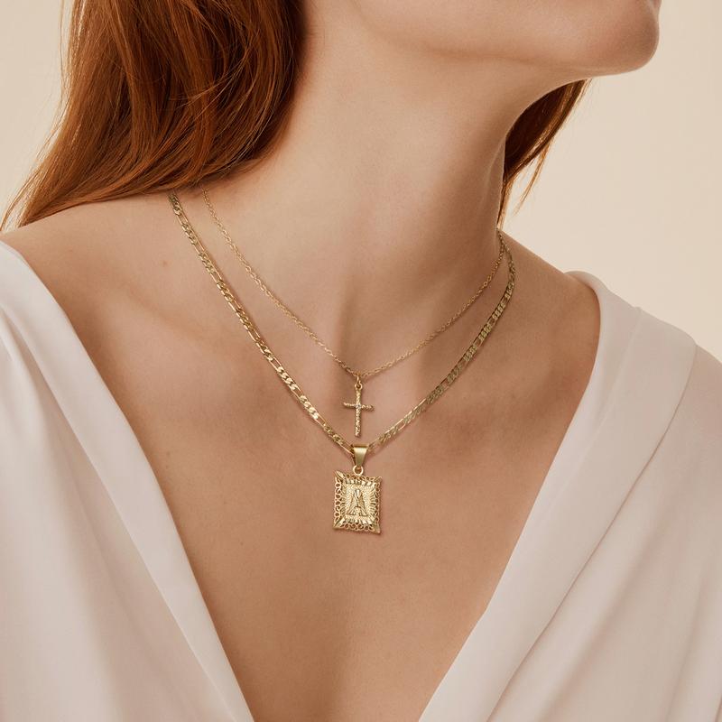 14K Golden Initial & Cross Necklace Duo - 2 Pieces Set