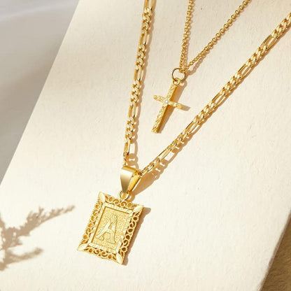 14K Golden Initial & Cross Necklace Duo - 2 Pieces Set