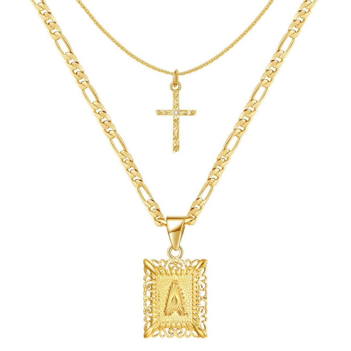 14K Golden Initial & Cross Necklace Duo - 2 Pieces Set