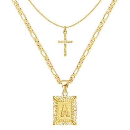 14K Golden Initial & Cross Necklace Duo - 2 Pieces Set