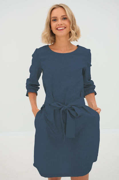 EMMA — Stonewashed Linen Dress With Pockets and Tie Belt