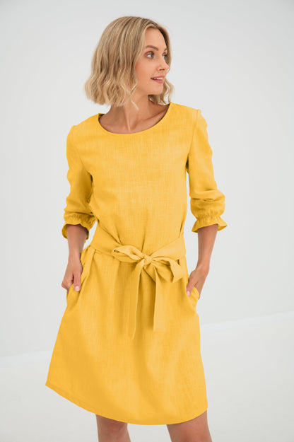 EMMA — Stonewashed Linen Dress With Pockets and Tie Belt