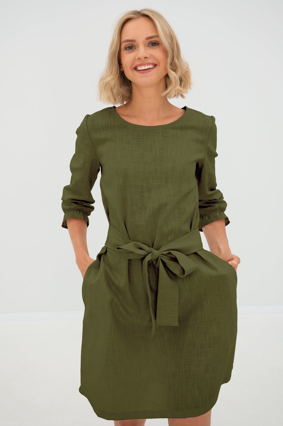 EMMA — Stonewashed Linen Dress With Pockets and Tie Belt