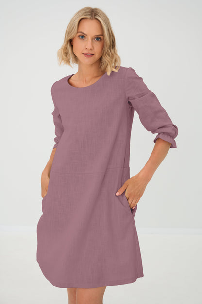 EMMA — Stonewashed Linen Dress With Pockets and Tie Belt