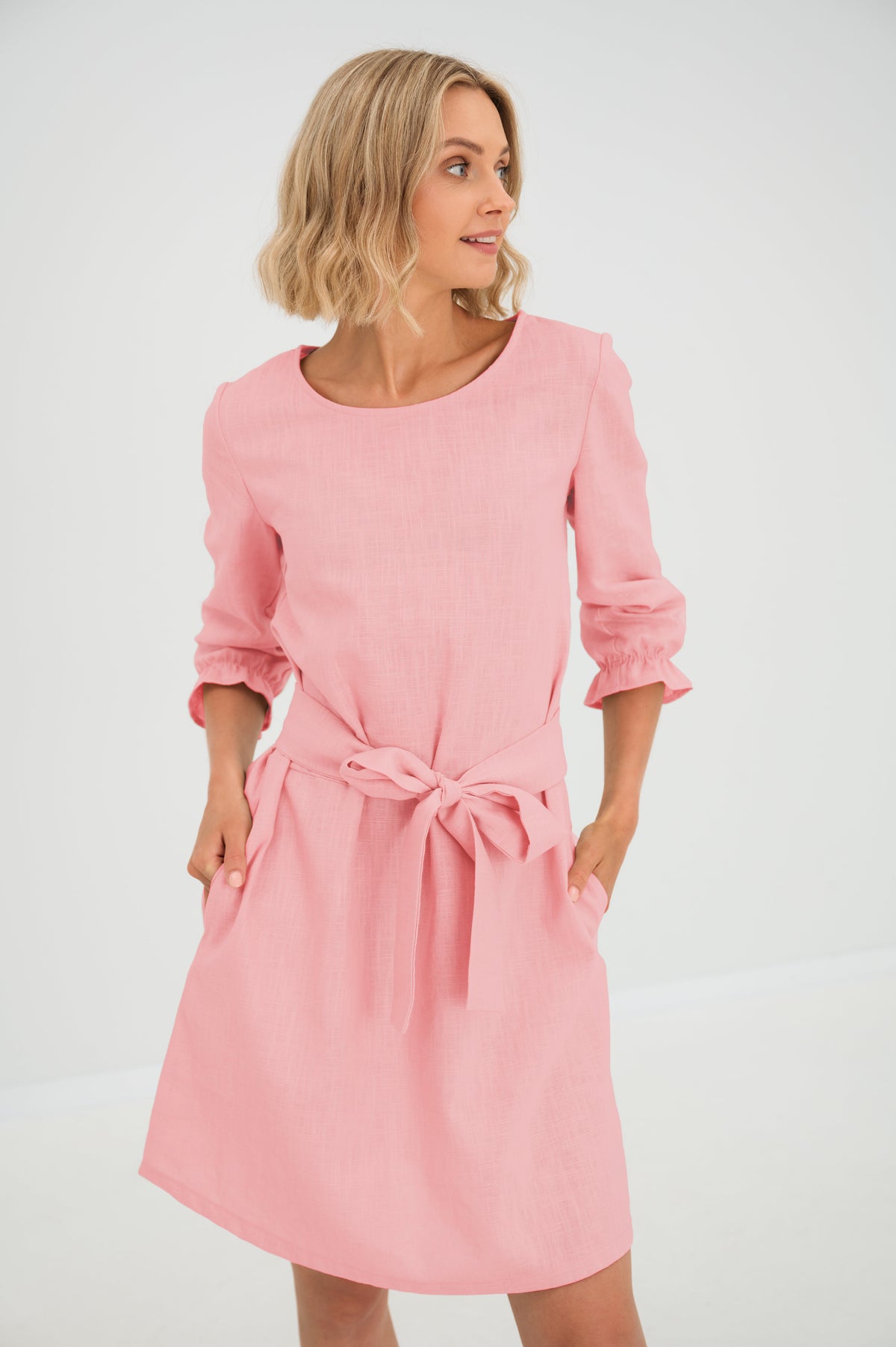 EMMA — Stonewashed Linen Dress With Pockets and Tie Belt