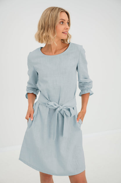 EMMA — Stonewashed Linen Dress With Pockets and Tie Belt