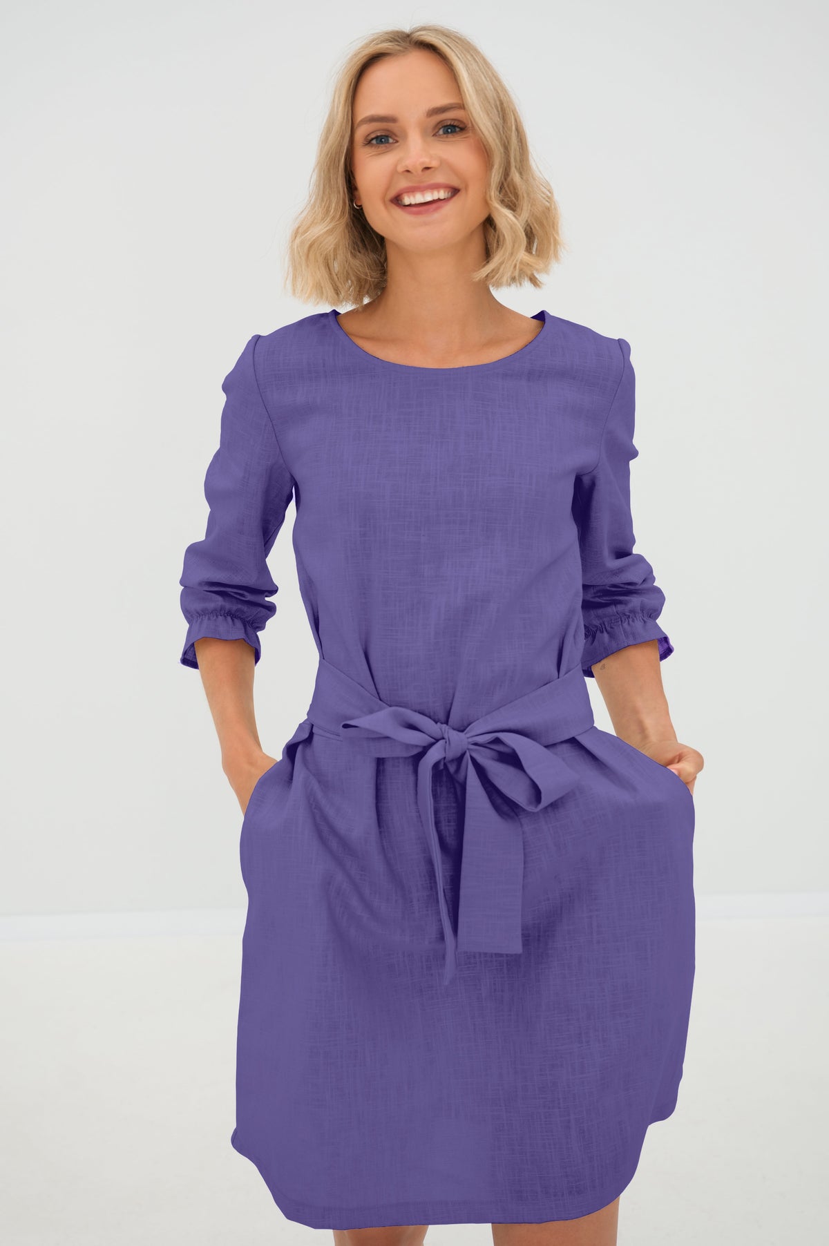 EMMA — Stonewashed Linen Dress With Pockets and Tie Belt
