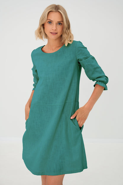 EMMA — Stonewashed Linen Dress With Pockets and Tie Belt