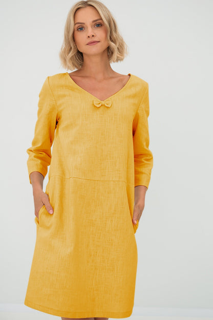 SUN — V-Neck Stonewashed Linen Dress