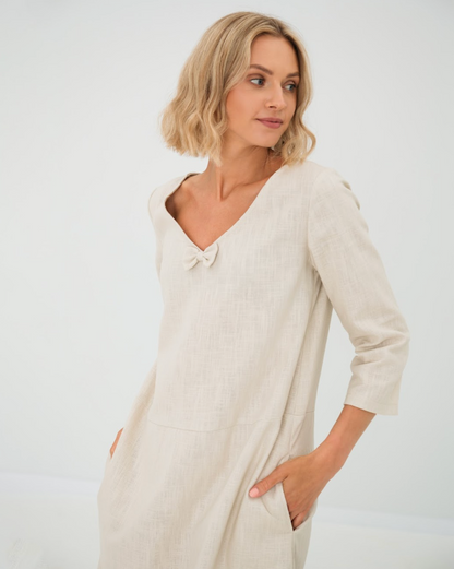 SUN — V-Neck Stonewashed Linen Dress