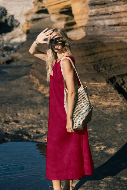 SUNSET — Sleeveless V-Neck Linen Midi Dress