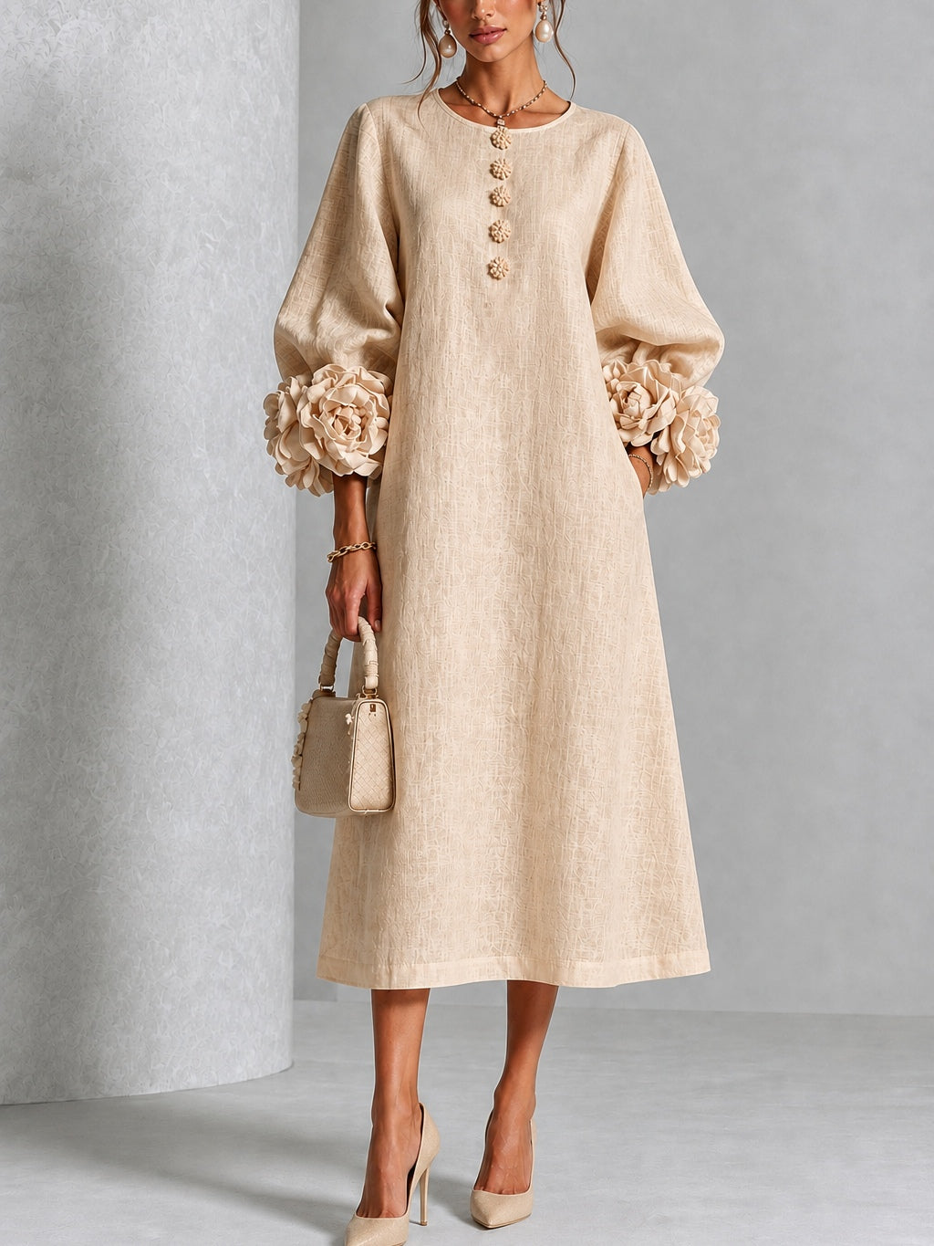 Floral Button-down Midi Dress With Striking Floral Cuffs