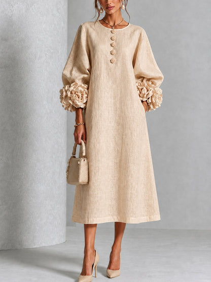 Floral Button-down Midi Dress With Striking Floral Cuffs