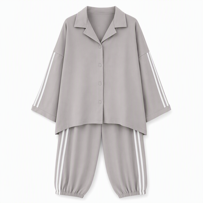 ⏰ Last Day Sale 50% Off | Women's Oversized Shirt & Side-Stripe Jogger 2-Piece Set